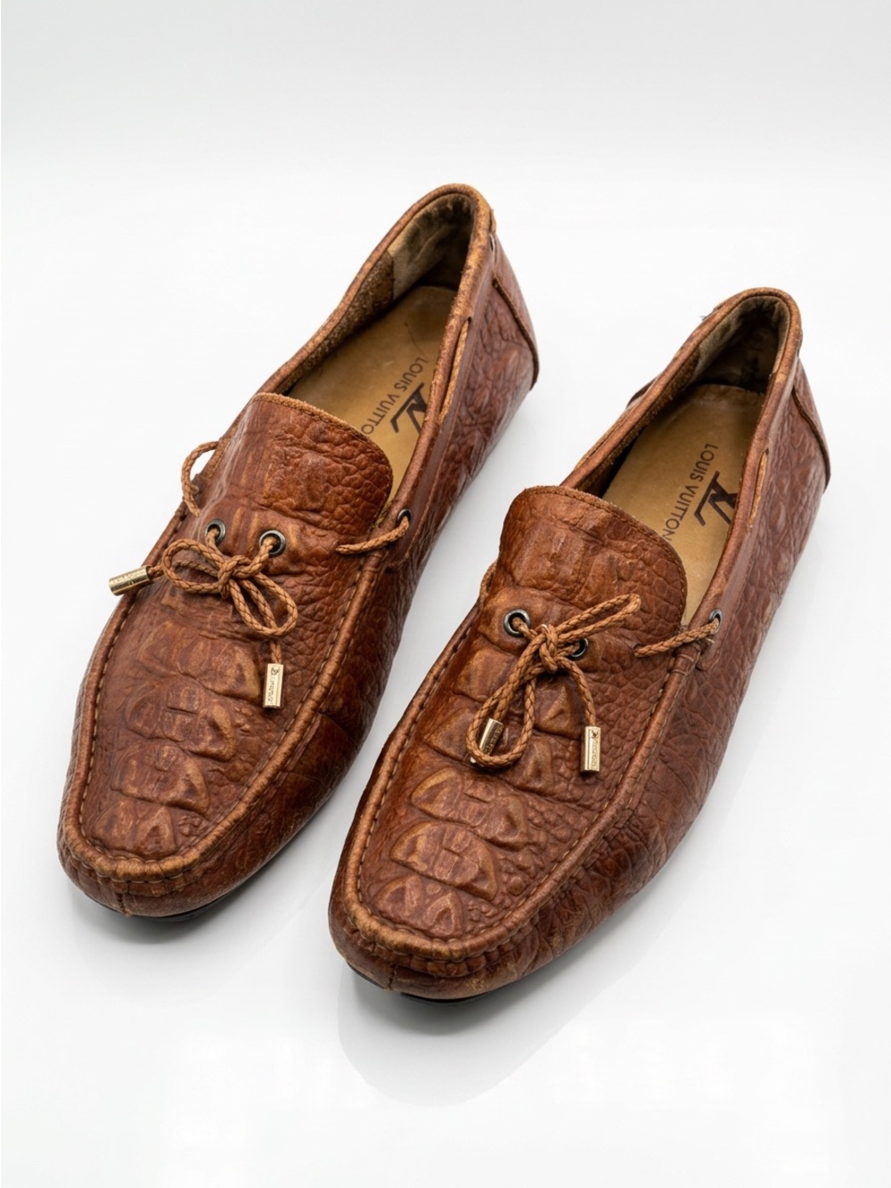 Louis Vuitton Brown Croc-Embossed Leather Driving Loafers